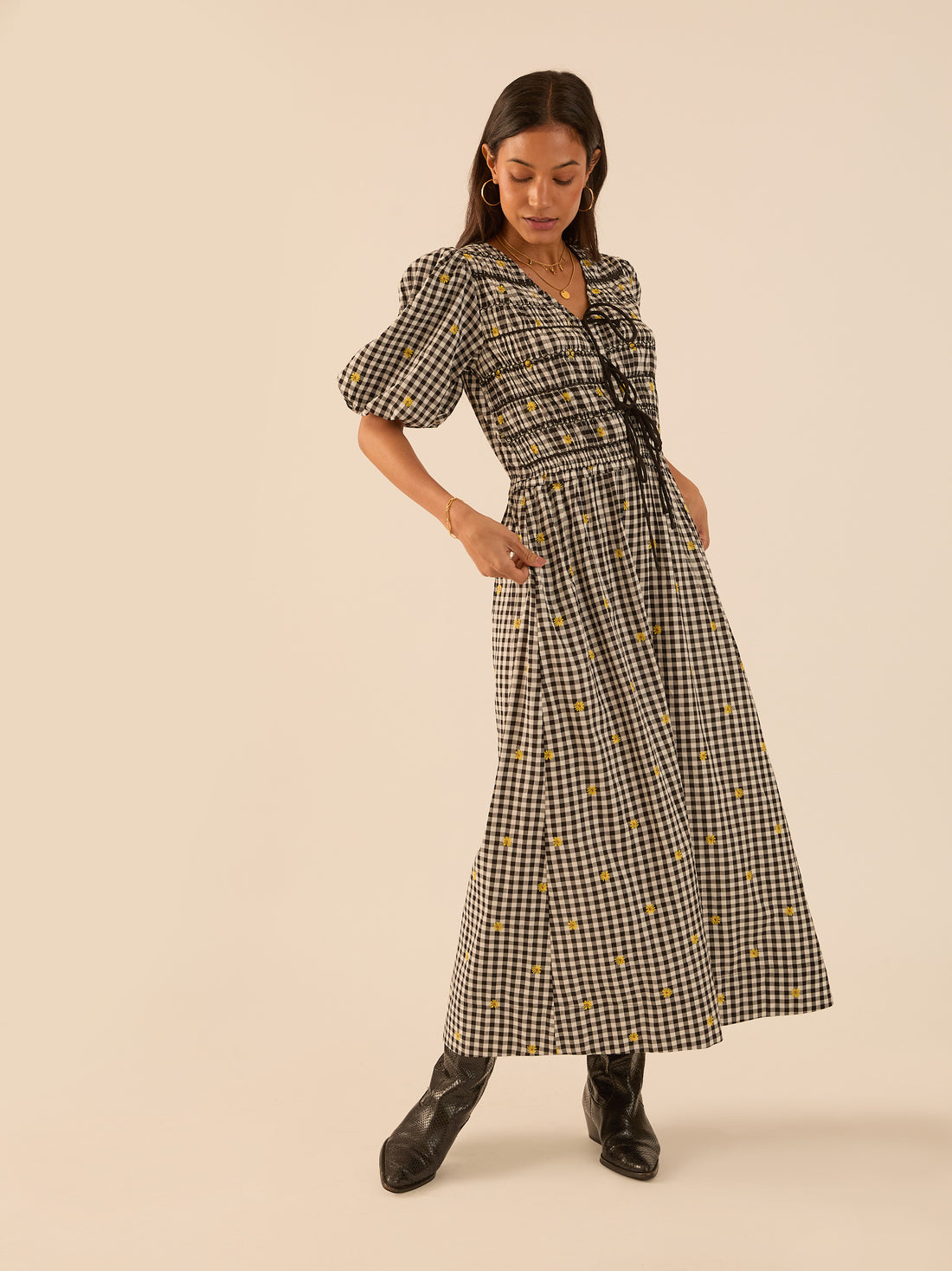 Isla Checked Smocked Midi Dress