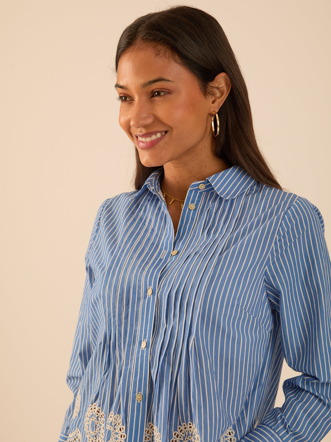 Leonie Embroidery Hem Blue Stripe Shirt