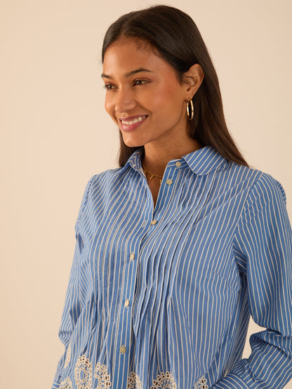 Leonie Embroidery Hem Blue Stripe Shirt