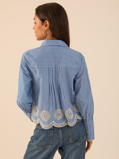 Leonie Embroidery Hem Blue Stripe Shirt