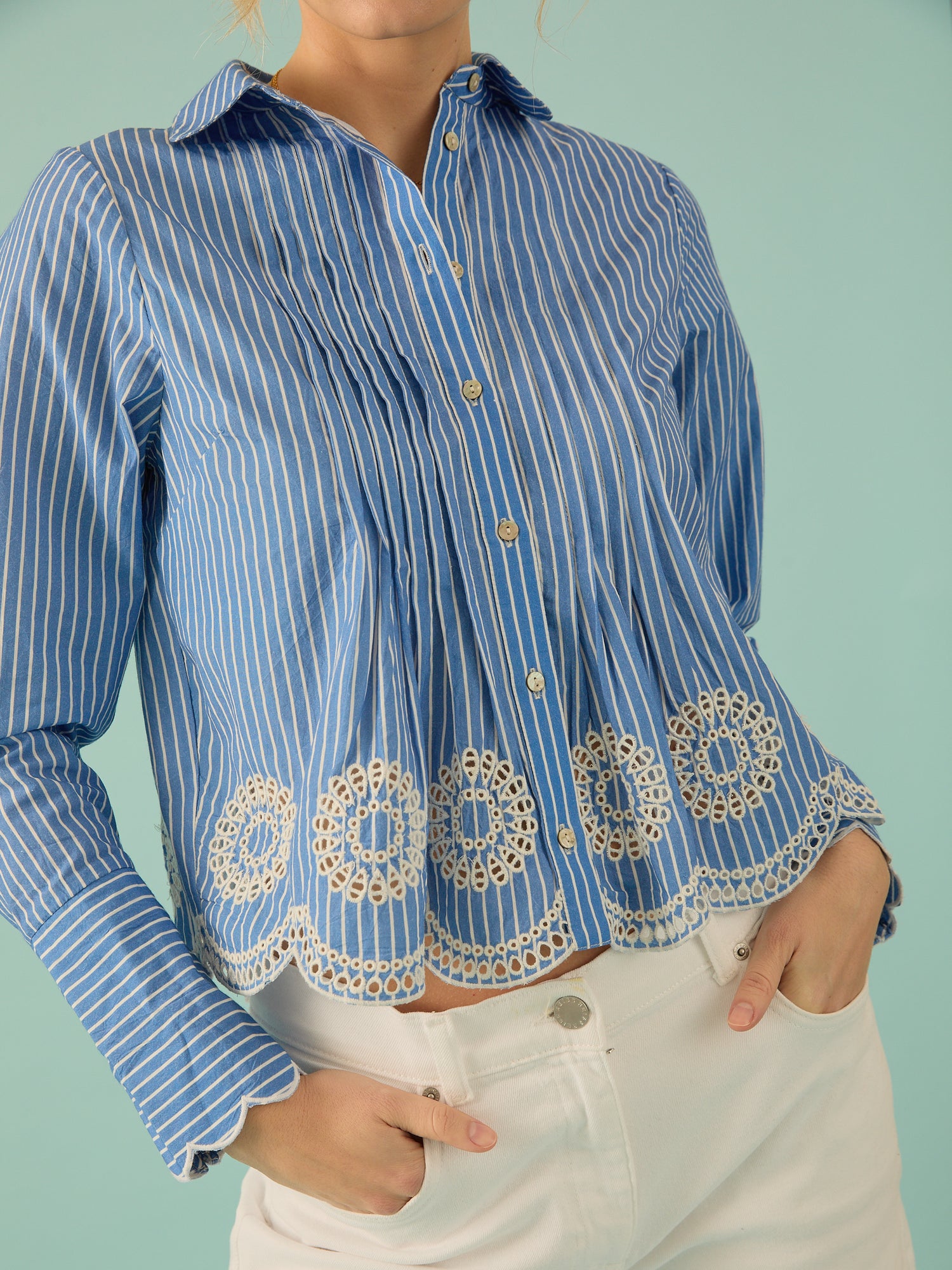 Leonie Embroidery Hem Blue Stripe Shirt