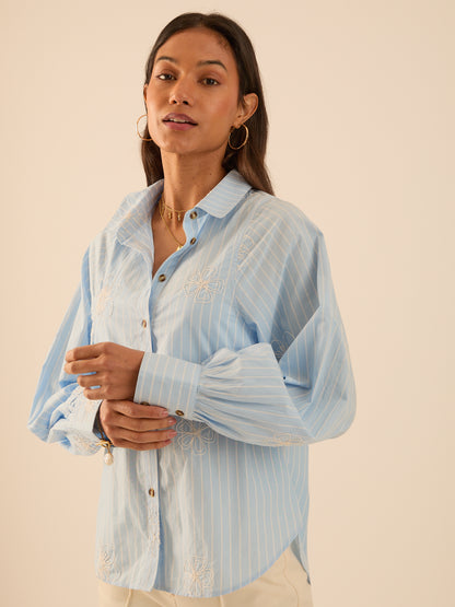 Flo Poplin Blue Stripe Embroidered Shirt