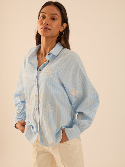 Flo Poplin Blue Stripe Embroidered Shirt