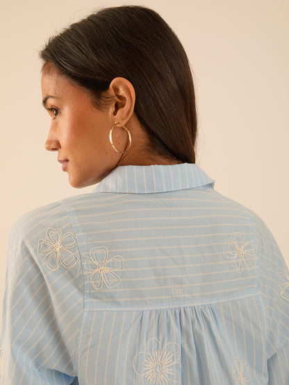 Flo Poplin Blue Stripe Embroidered Shirt