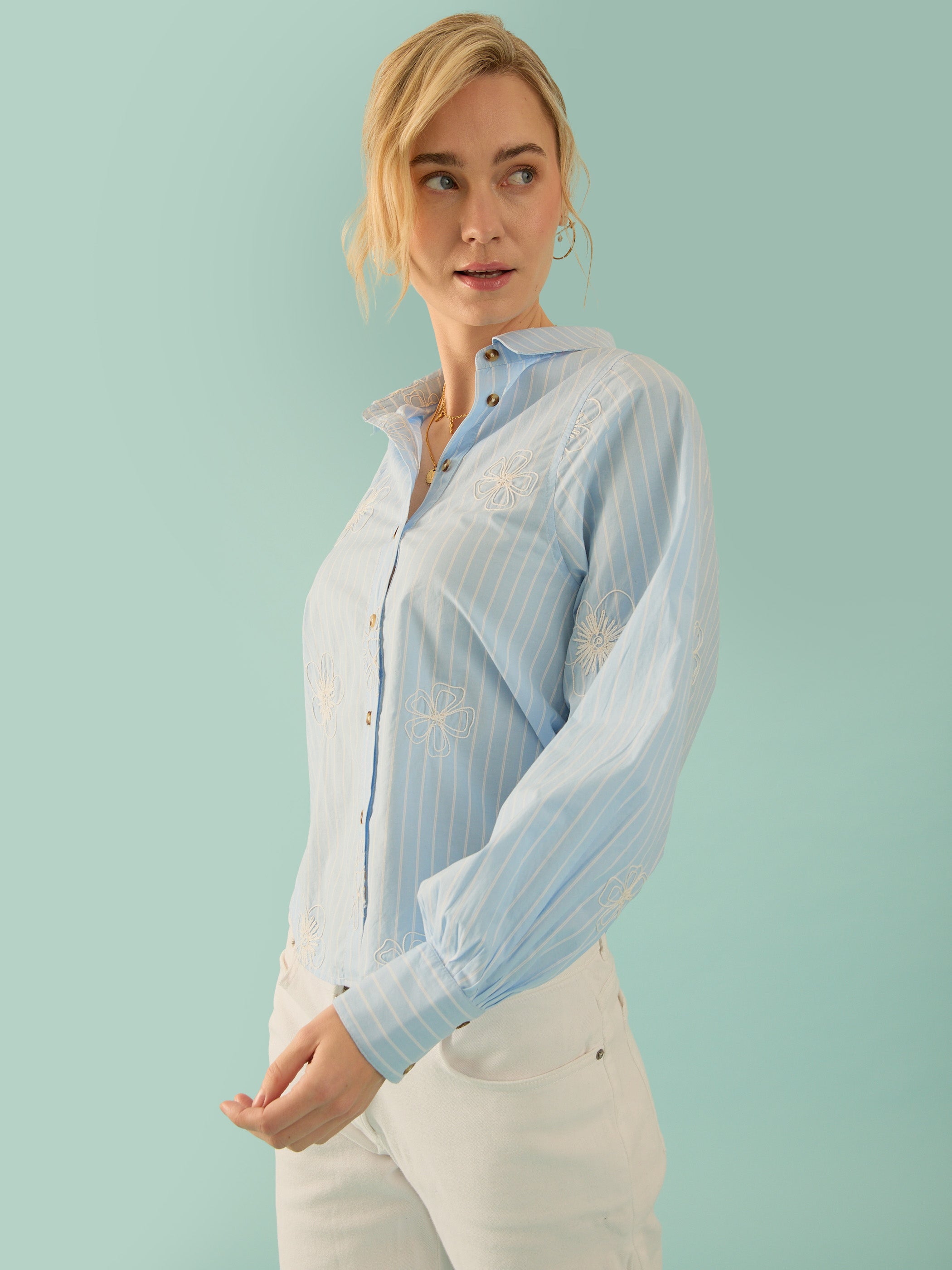 Flo Poplin Blue Stripe Embroidered Shirt