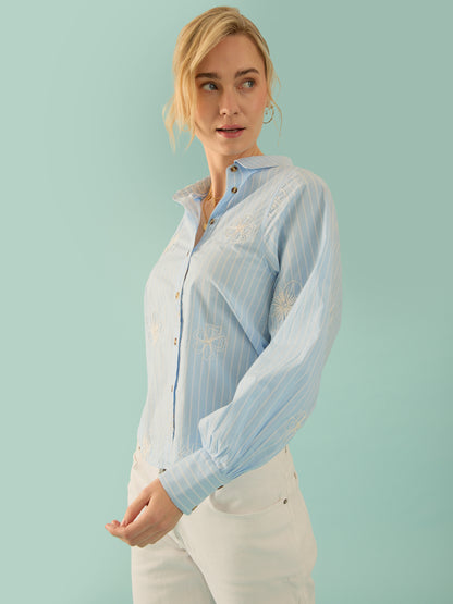 Flo Poplin Blue Stripe Embroidered Shirt