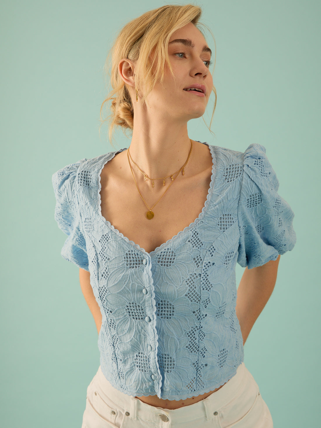 Abi Blue Cotton Lace Blouse