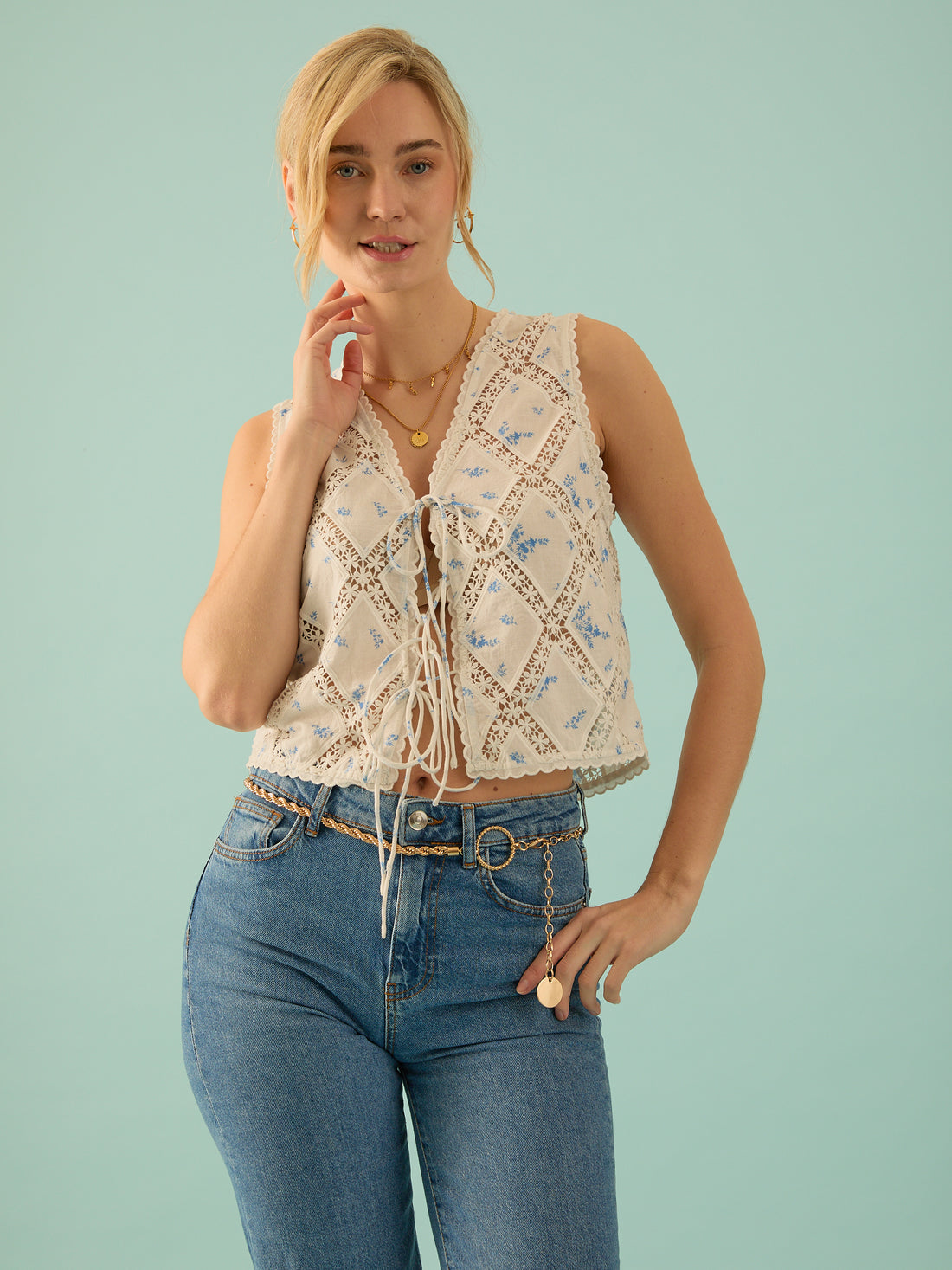 Nell White Cotton Printed Floral Waistcoat