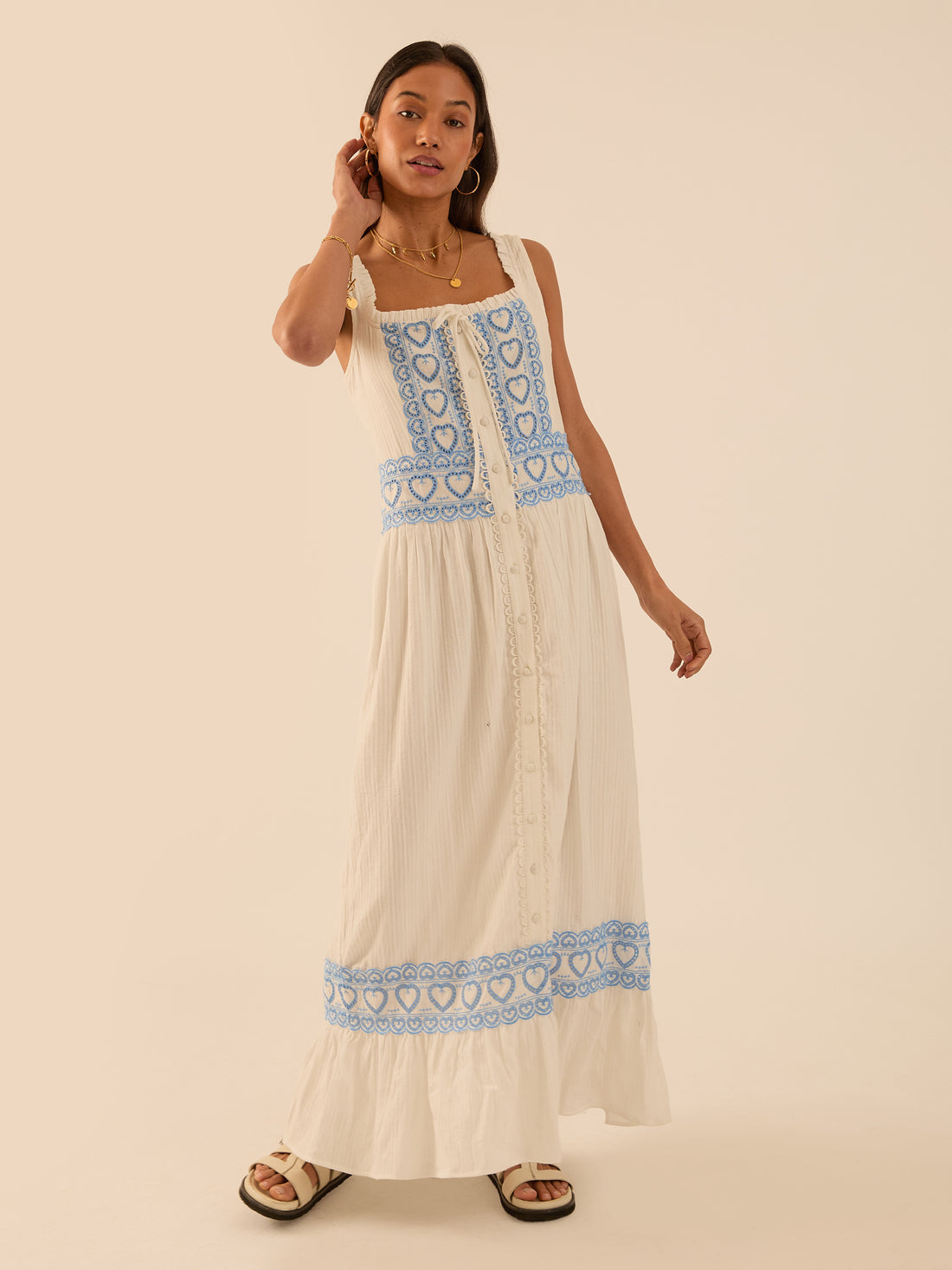 Harri Heart And Blue Cotton Heart Embroidery Maxi Dress