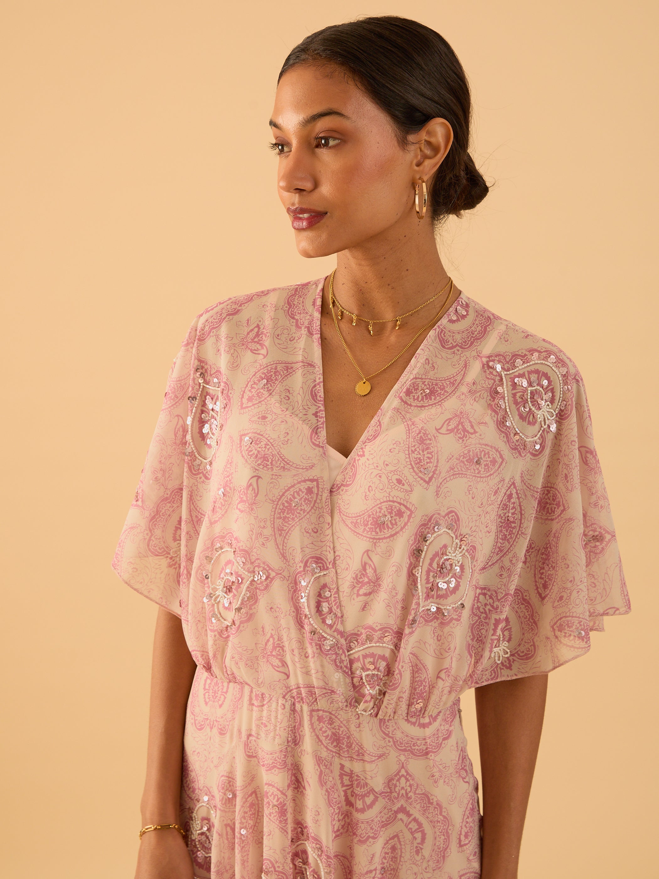 Mali Pink Print Beaded Maxi Dress