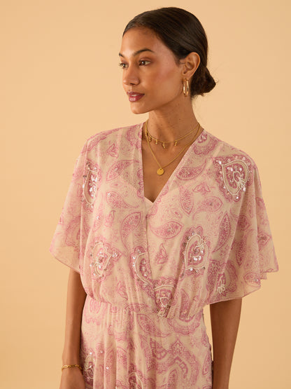 Mali Pink Print Beaded Maxi Dress