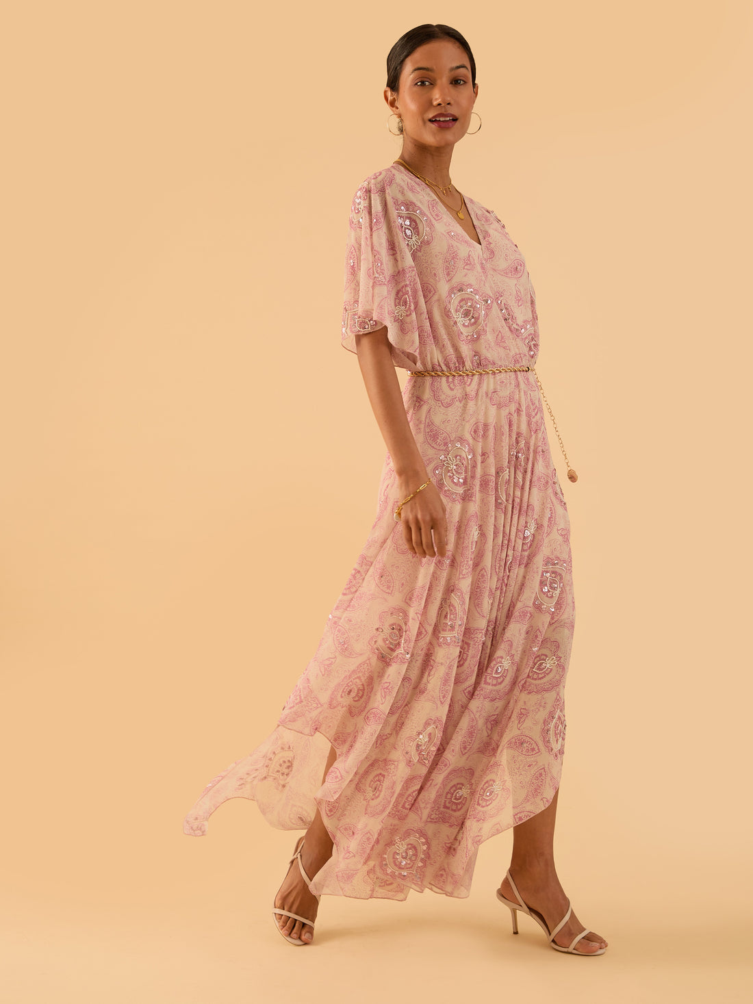 Mali Pink Print Beaded Maxi Dress