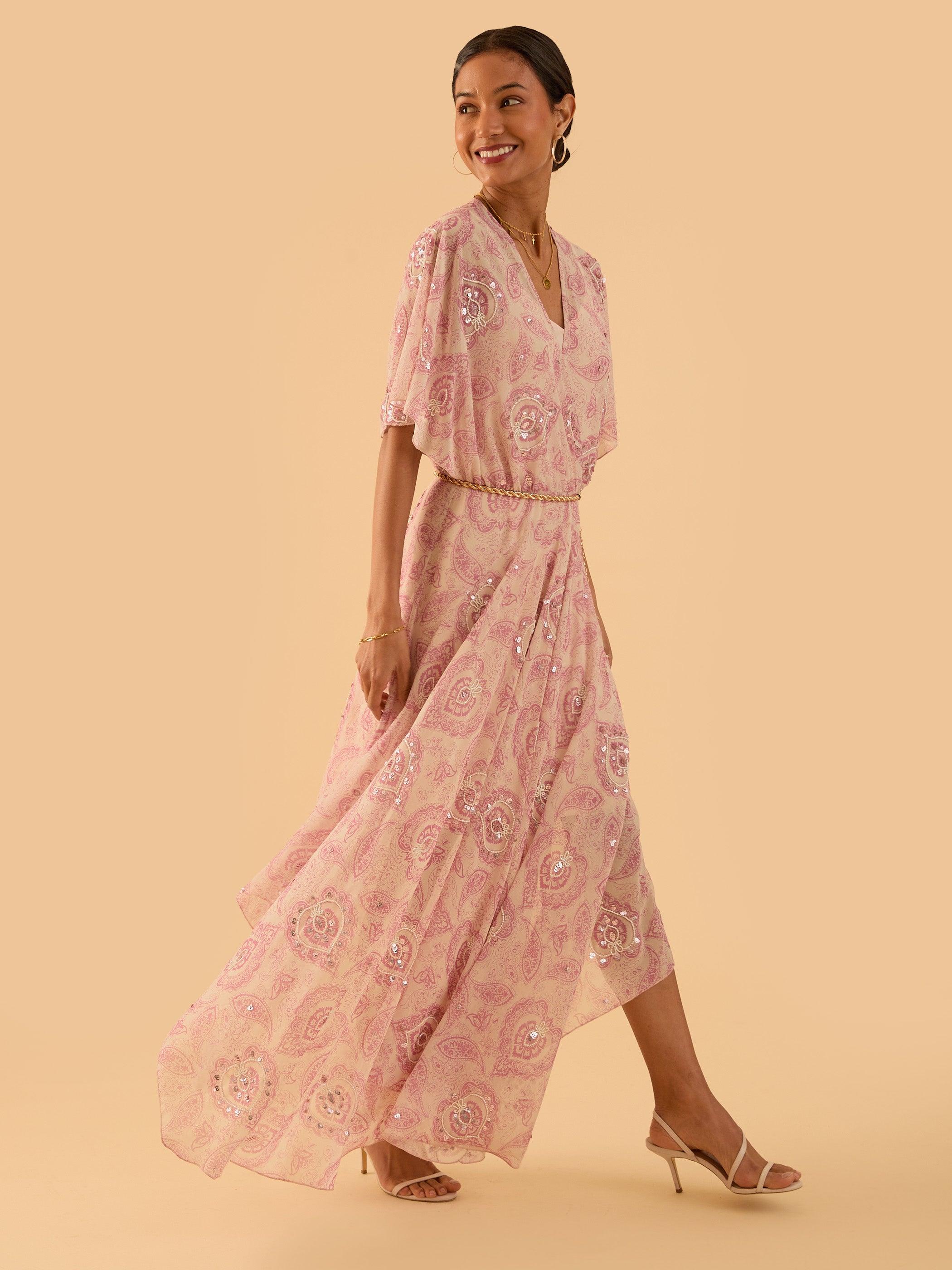 Mali Pink Print Beaded Maxi Dress