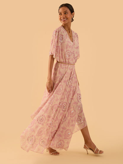 Mali Pink Print Beaded Maxi Dress