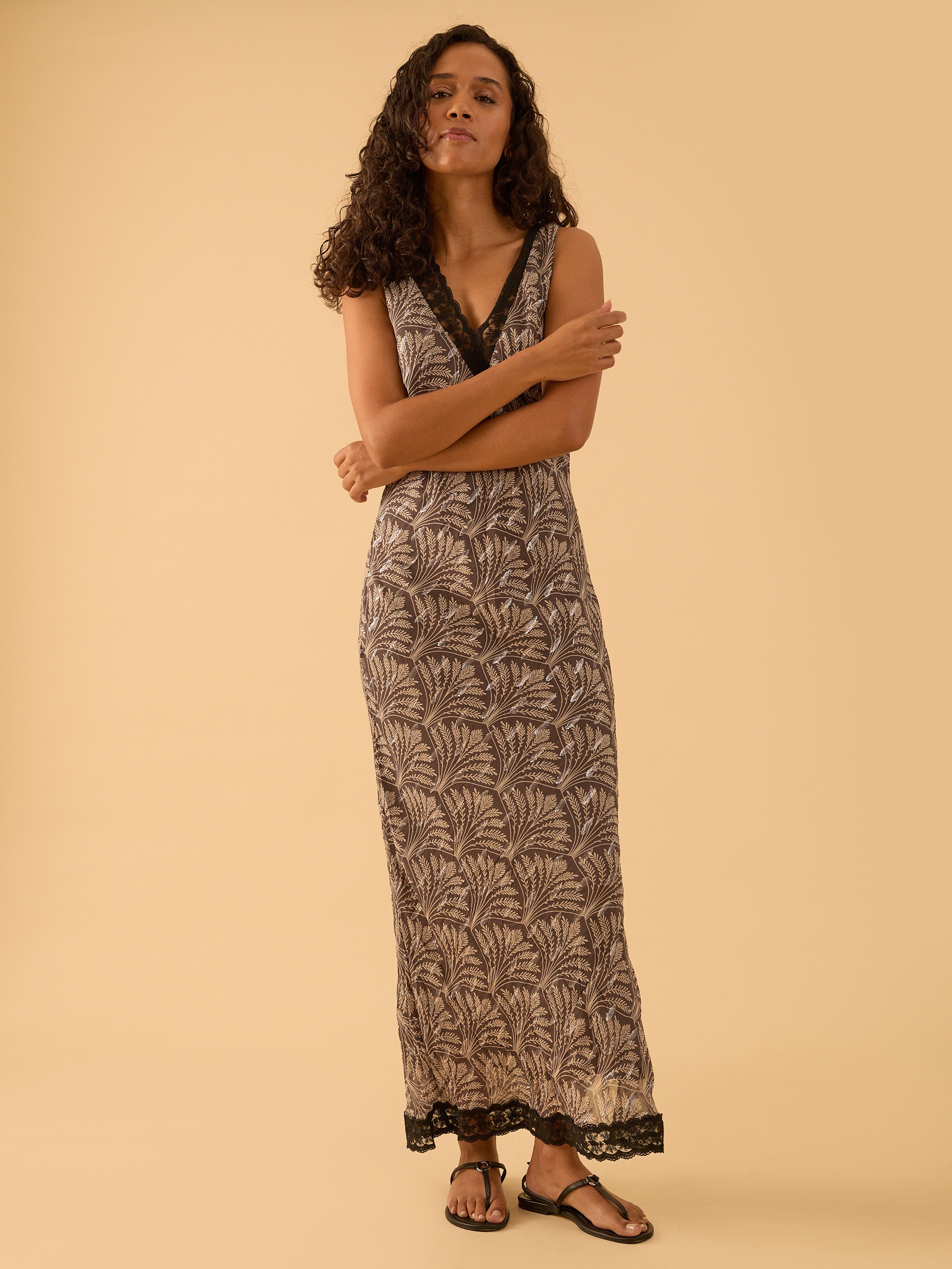 Olivia Grey Print Sparkle Lace Trim Dress