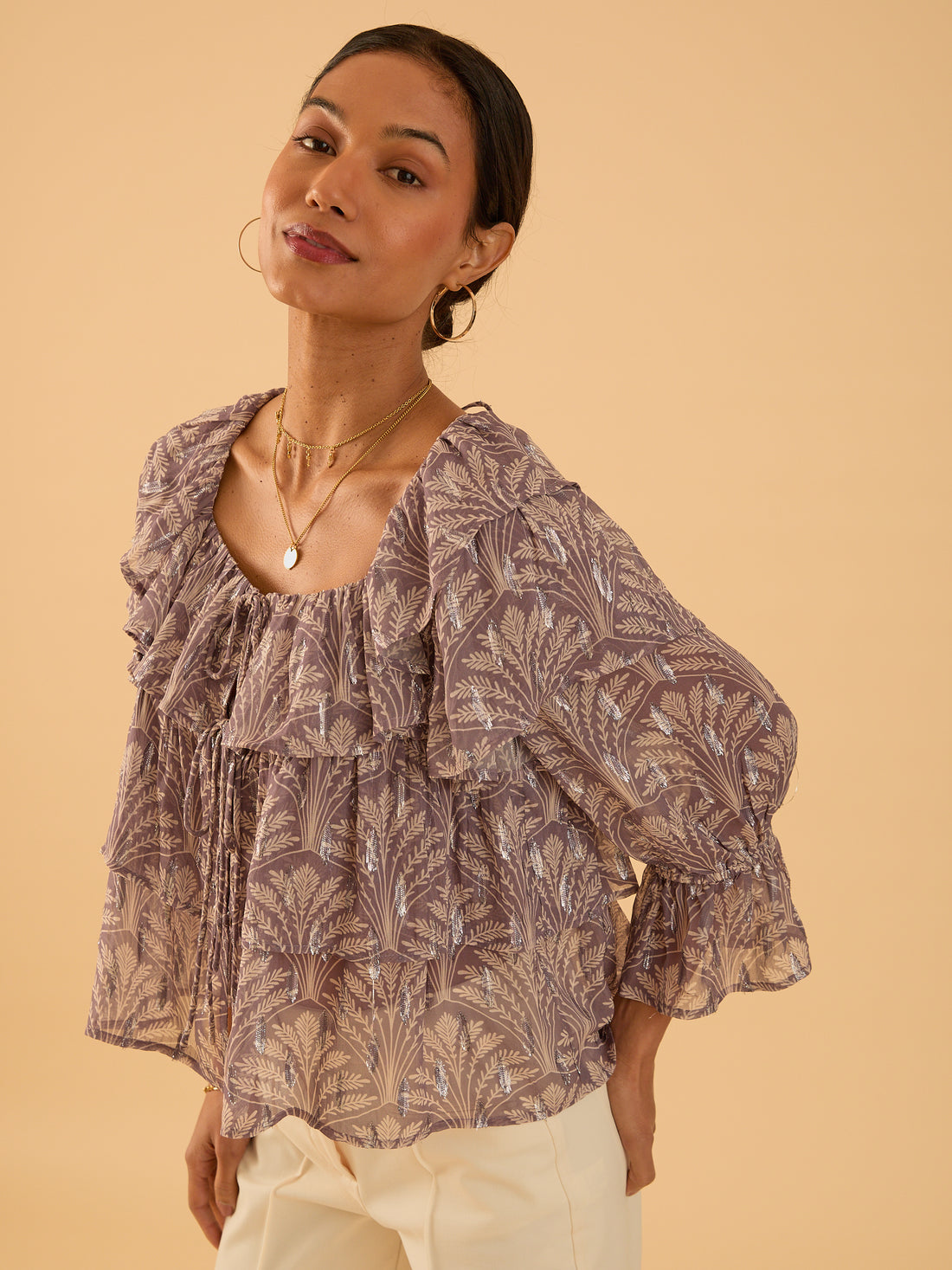 Olivia Pink Mink Sparkle Print Ruffle Blouse