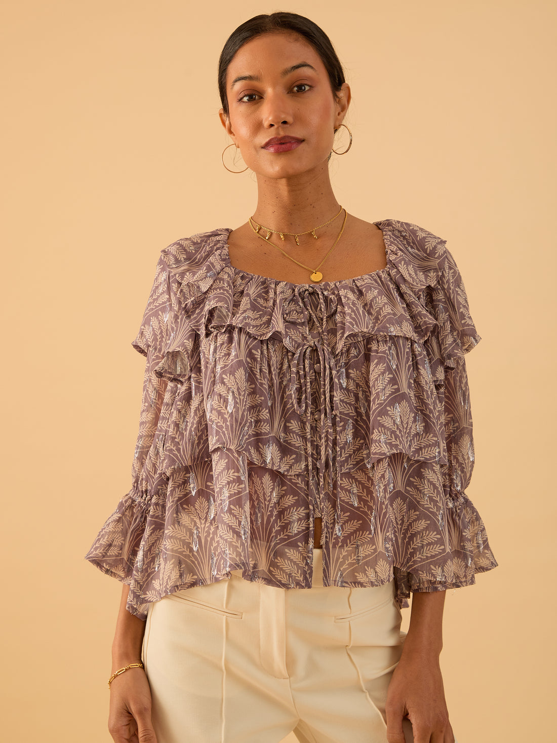 Olivia Pink Mink Sparkle Print Ruffle Blouse