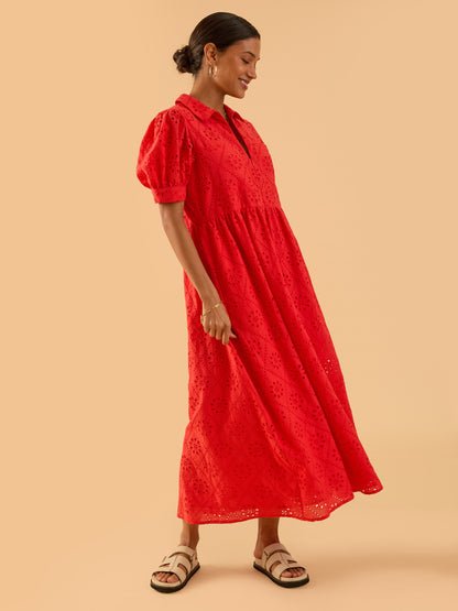 Olivia Coral Red Broderie Lace Midi Shirt Dress