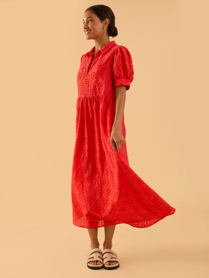 Olivia Coral Red Broderie Lace Midi Shirt Dress