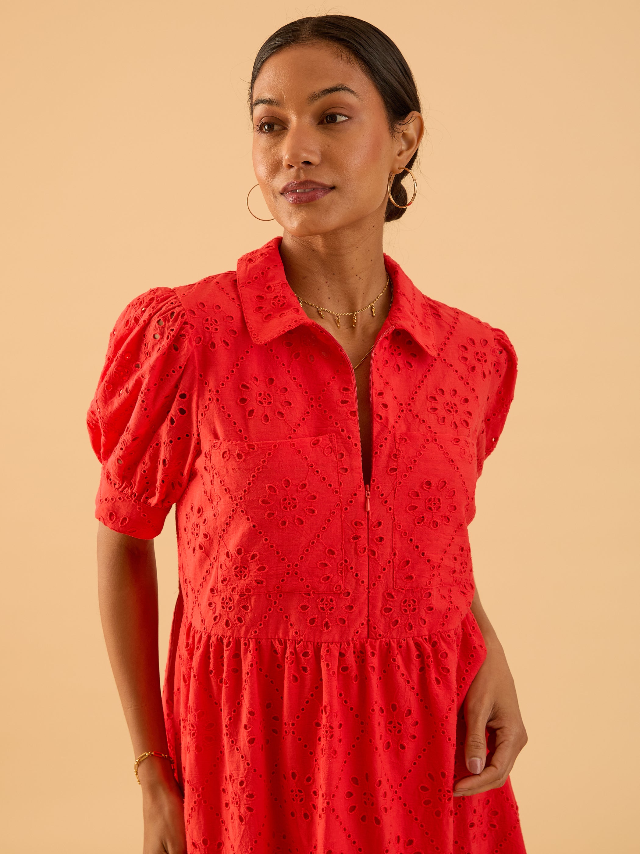 Olivia Coral Red Broderie Lace Midi Shirt Dress