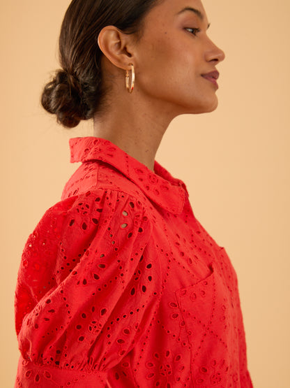 Olivia Coral Red Broderie Lace Midi Shirt Dress