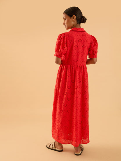 Olivia Coral Red Broderie Lace Midi Shirt Dress