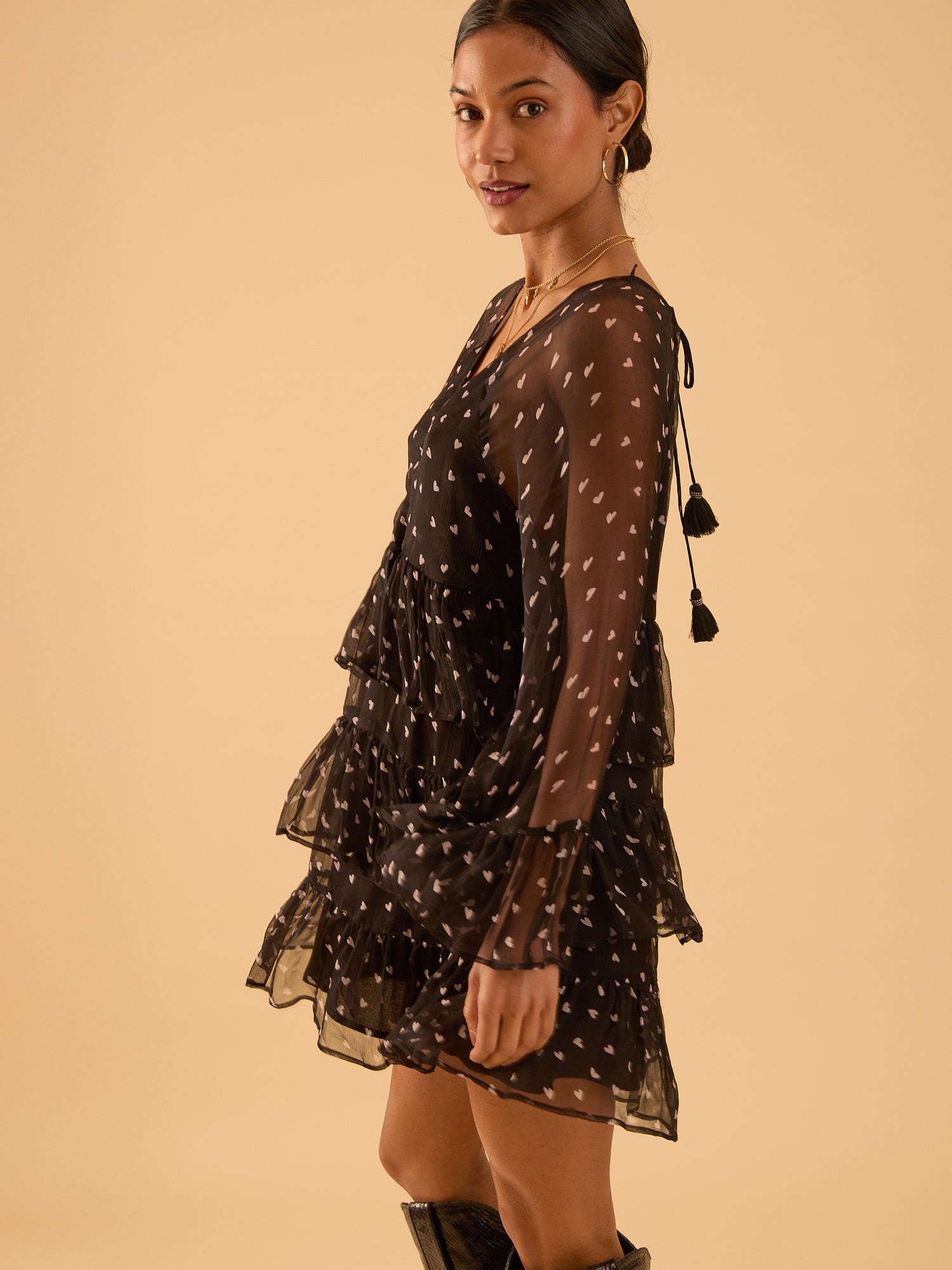 Evie Heart Black Heart Print Tiered Mini Dress