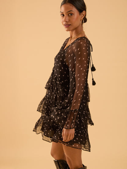 Evie Heart Black Heart Print Tiered Mini Dress