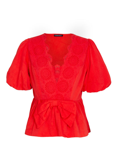 Haillie Coral Red Lace Trim Bow Blouse
