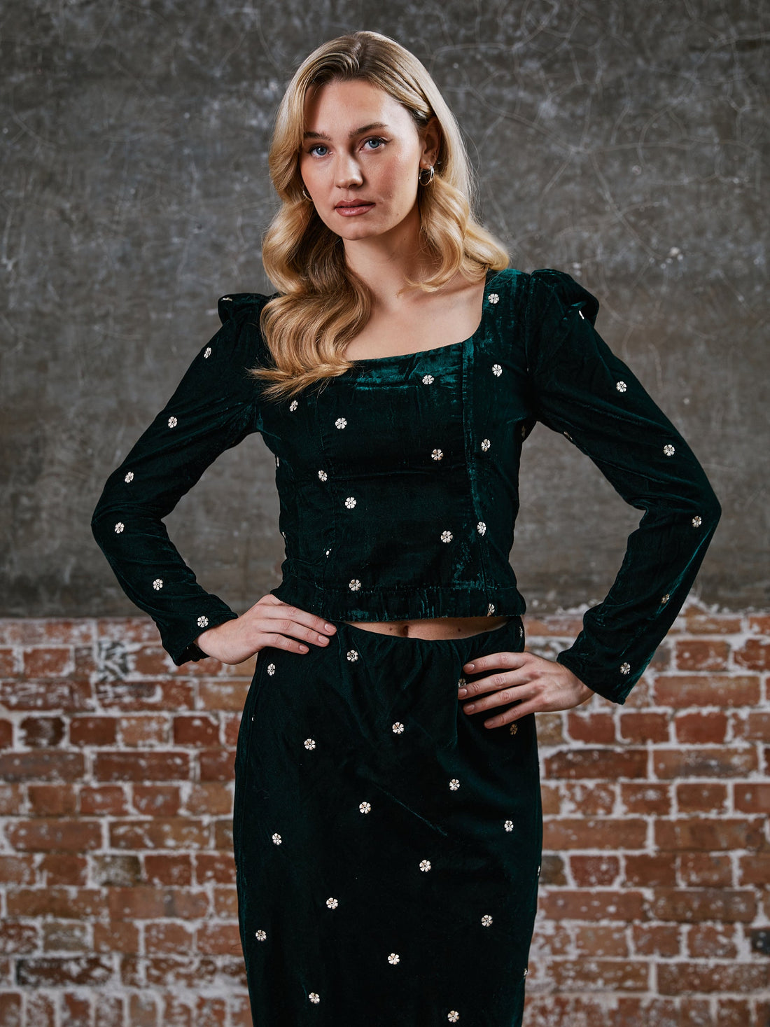 Mila Green Velvet Embroidered Skirt