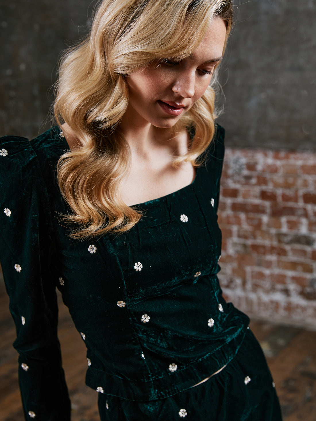 Mila Green Velvet Embroidered Top