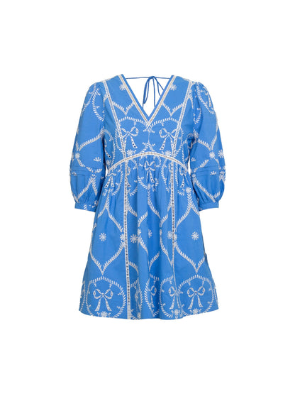 Charlie Embroidered Bow Blue Mini Dress 