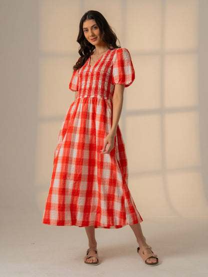 Nella Coral White Check Smock Midi Dress With Embroidery