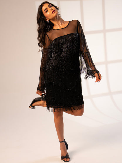 Elise Black Beaded Fringe Mini Dress