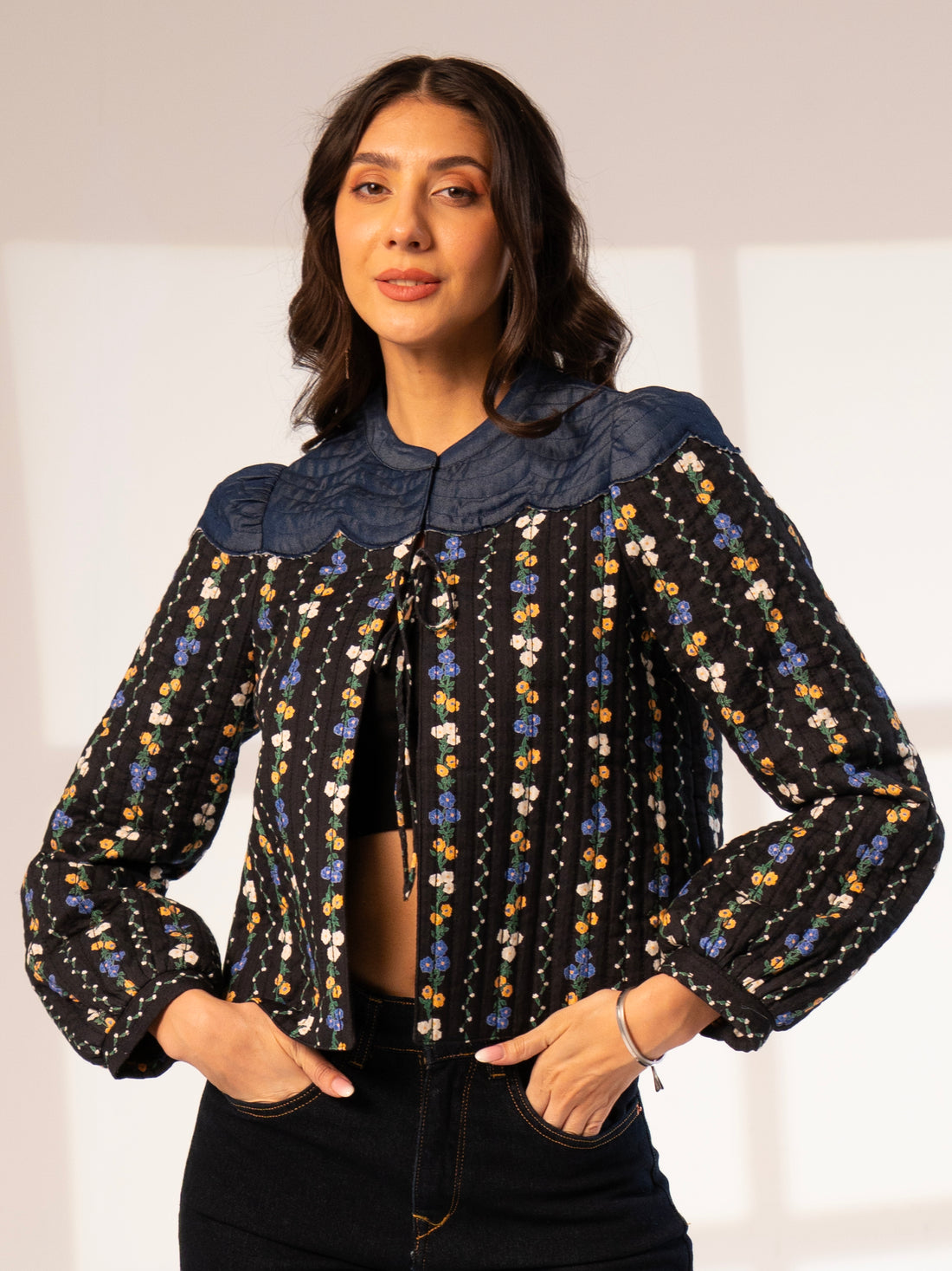 Kiri Black Floral Printed Scalloped Jacket
