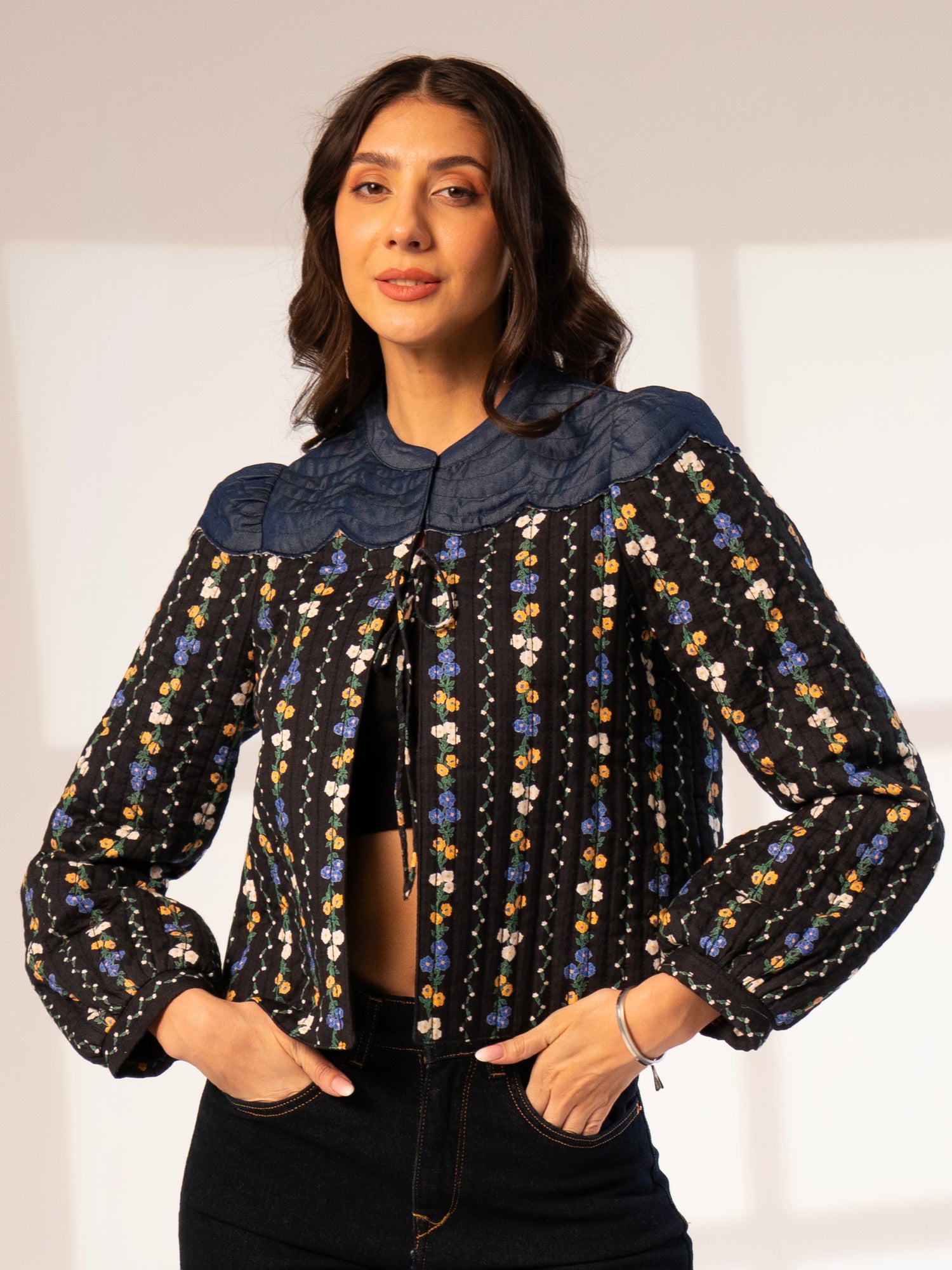 Kiri Black Floral Printed Scalloped Jacket