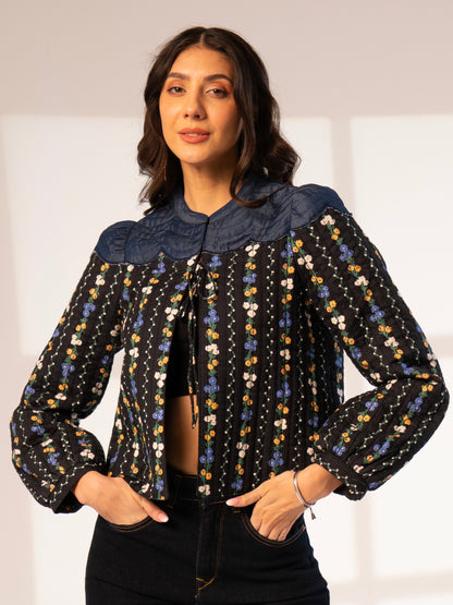 Kiri Black Floral Printed Scalloped Jacket