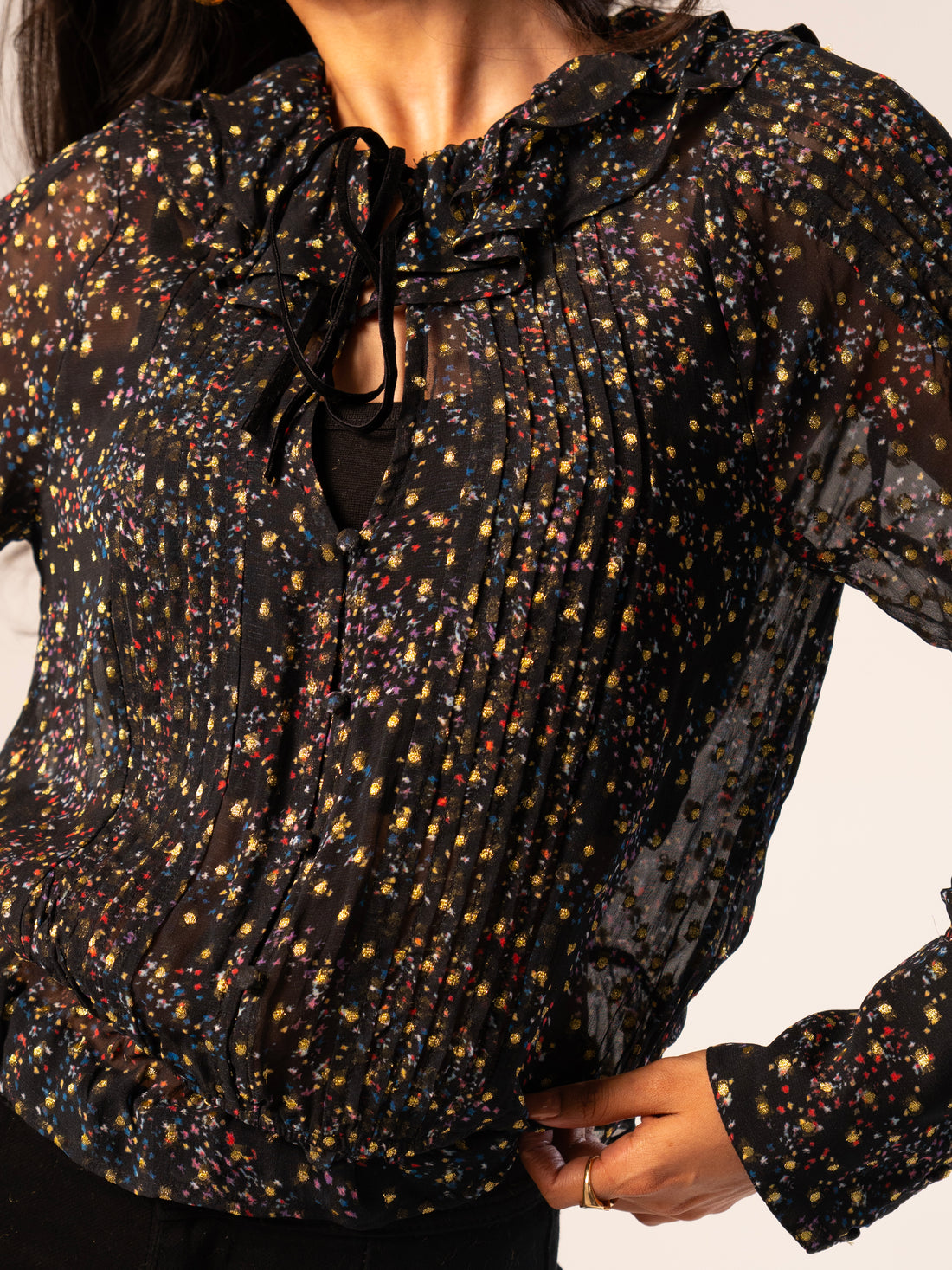 Tara Black Star Print Metallic Polka Dot Blouse