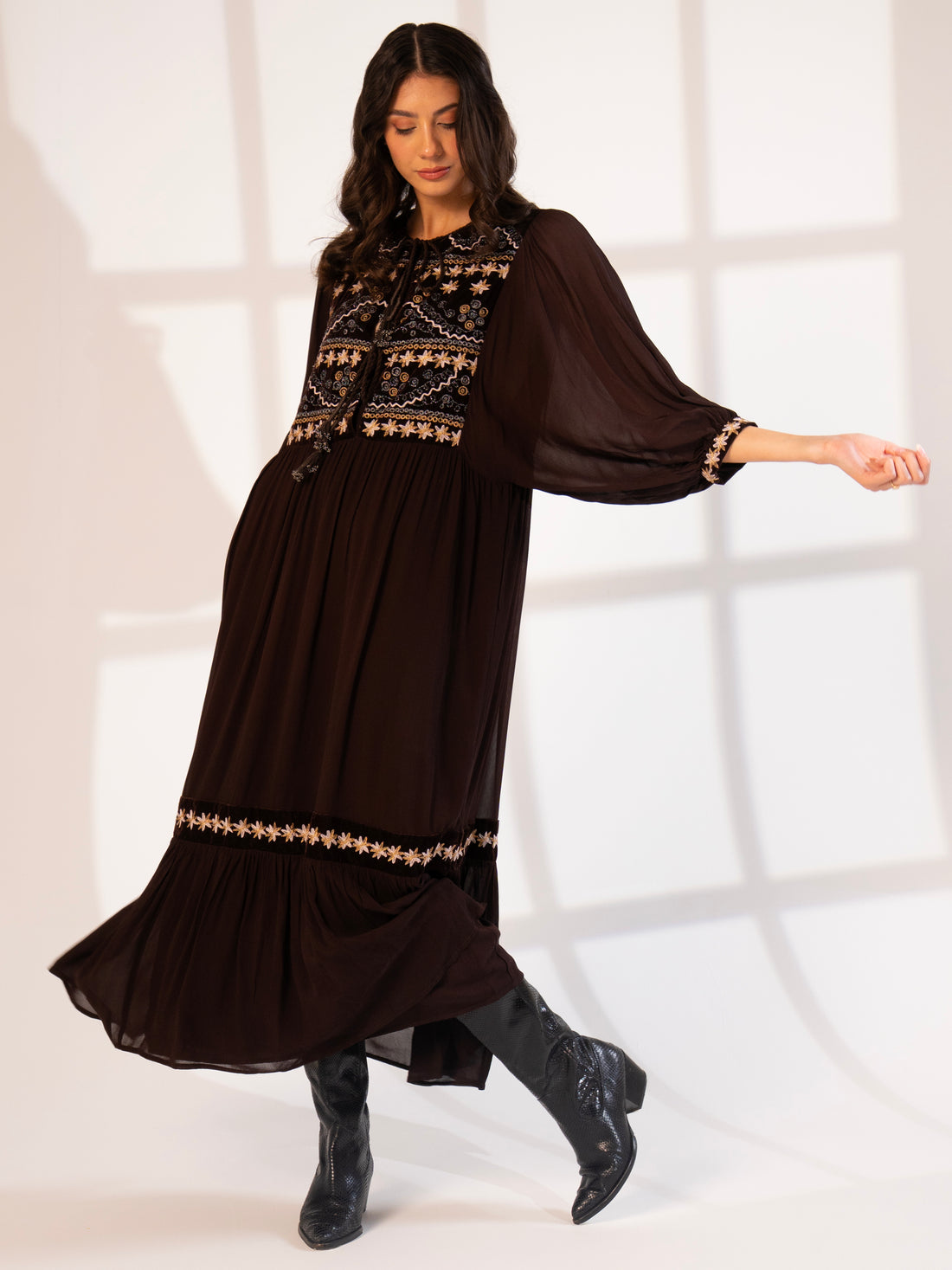 Arianna Chocolate Brown Velvet Embroidered Panel Maxi Dress