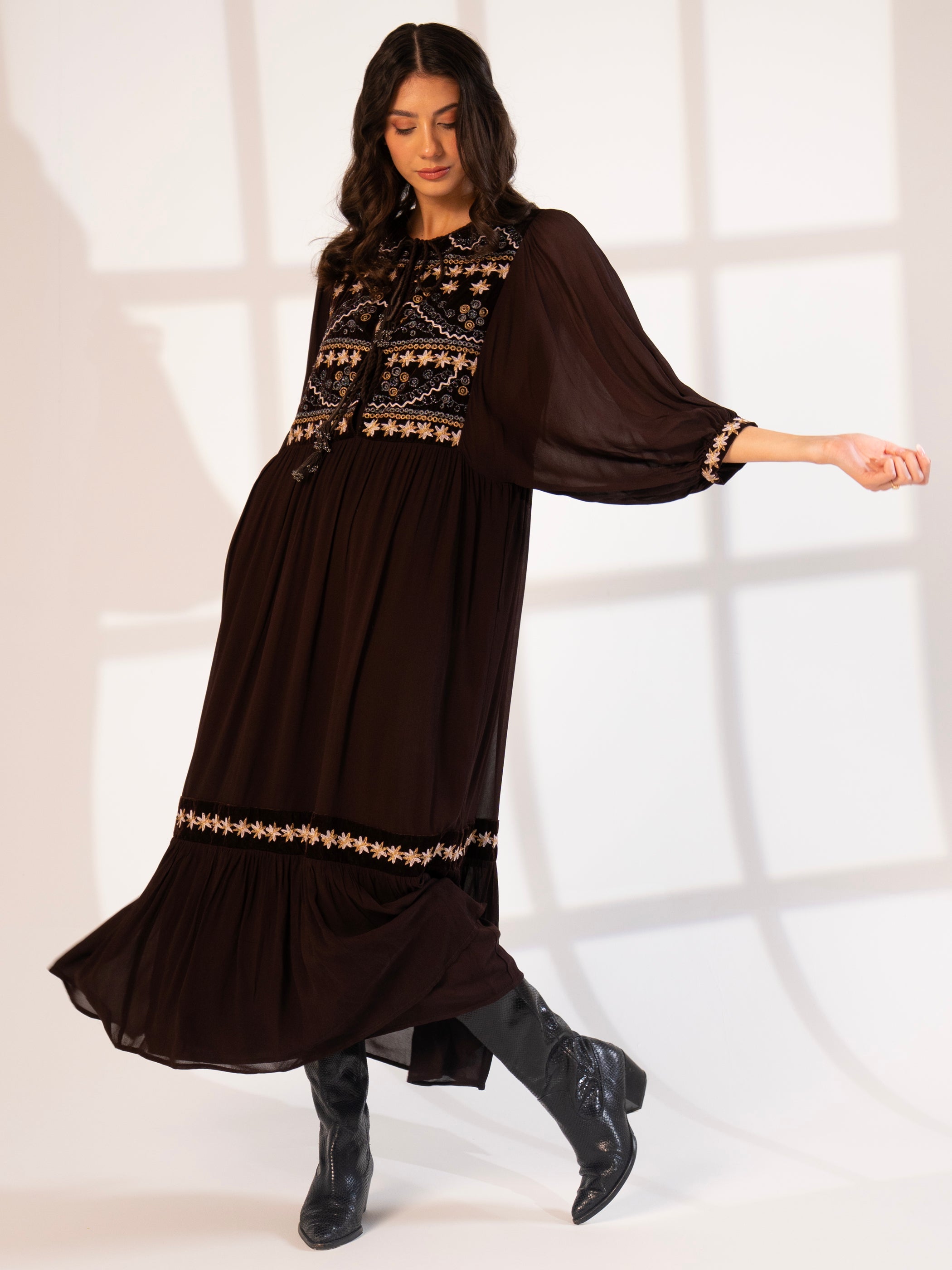 Arianna Chocolate Brown Velvet Embroidered Panel Maxi Dress