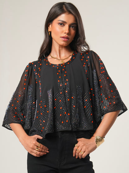 Anna Black Cape Sleeve Hand Beaded Top