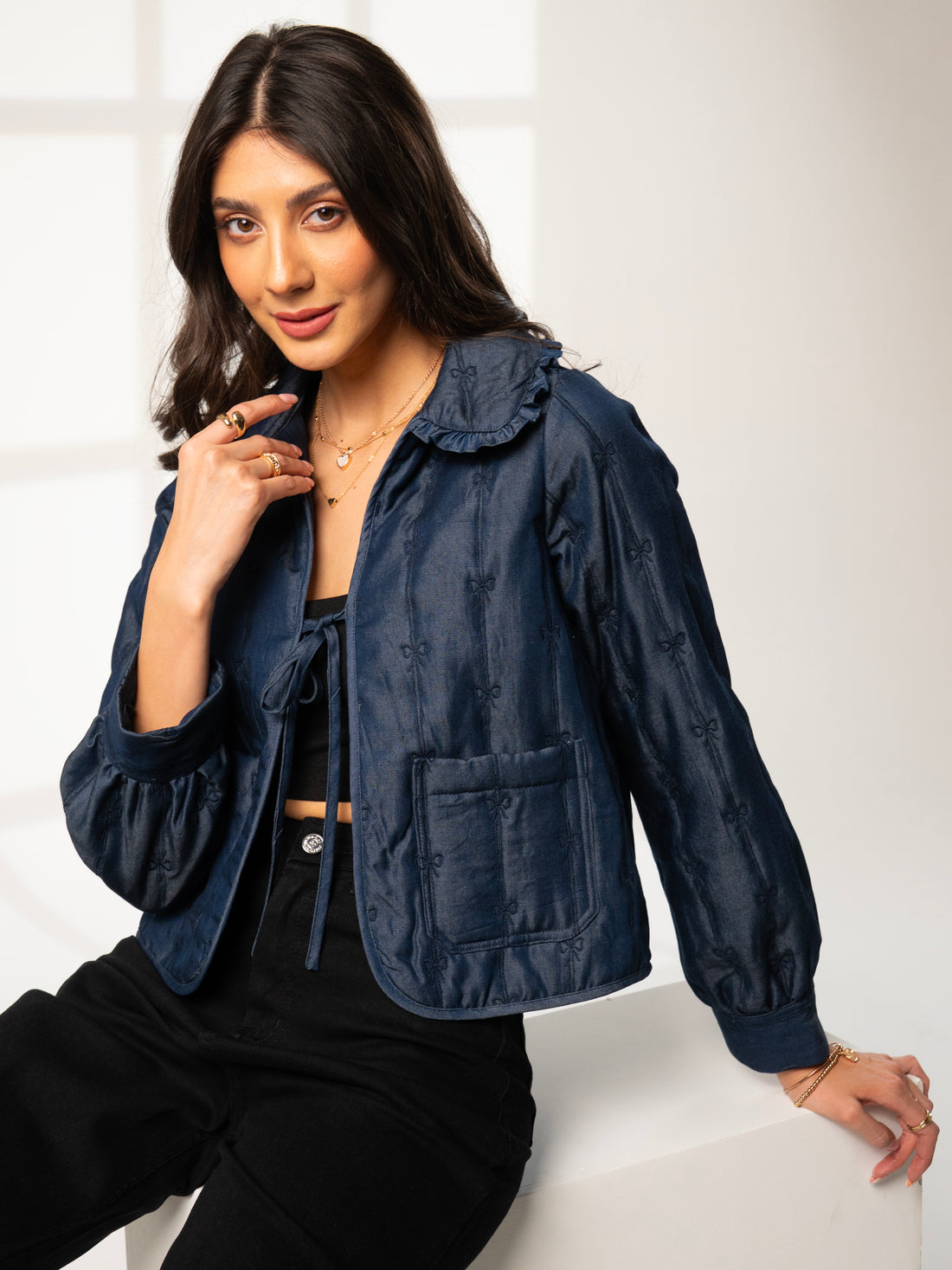 Beatrix Bow Embroidered denim quilted Jacket