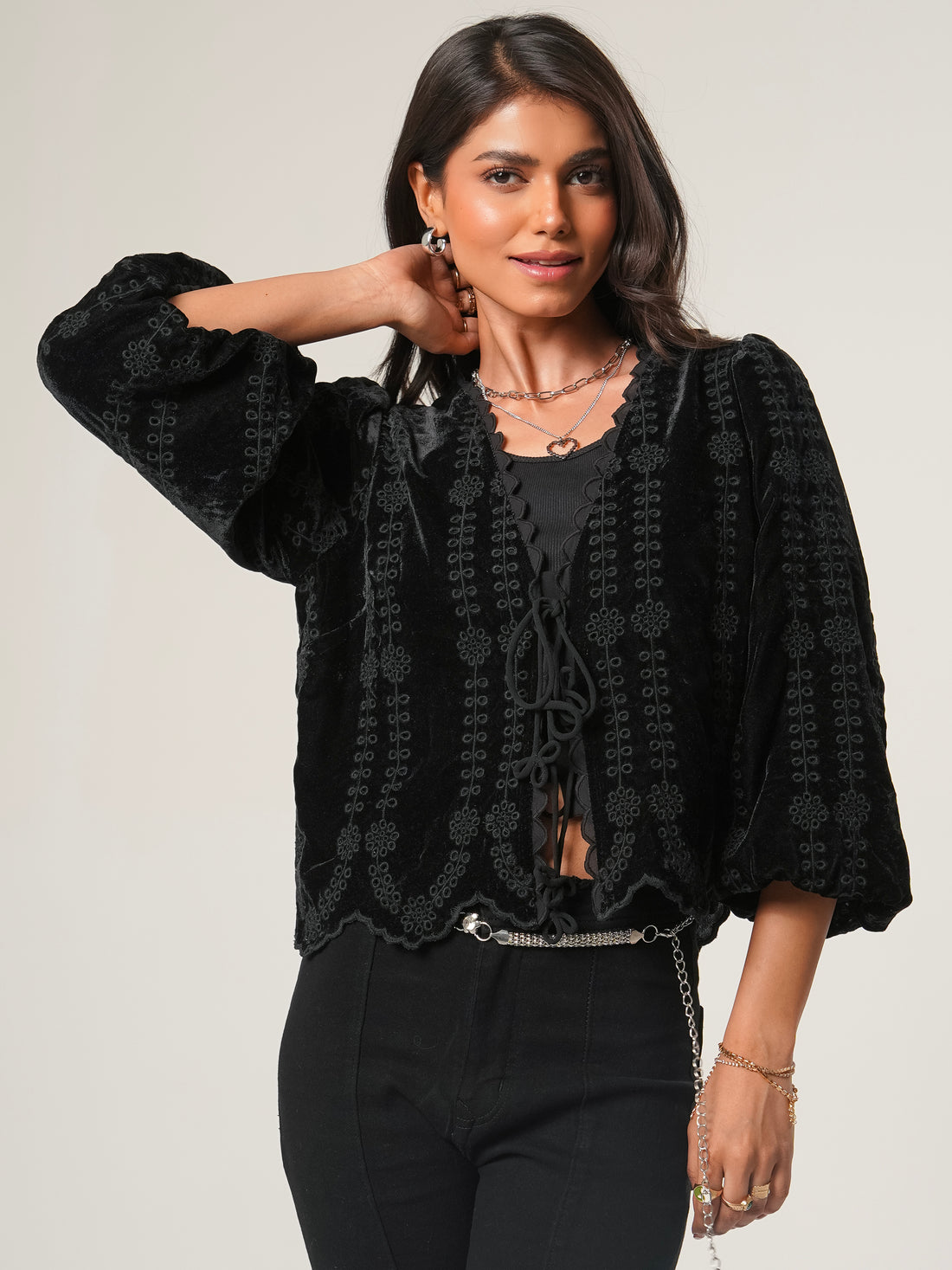 Drew Black Embroidered Velvet Tie Front Top