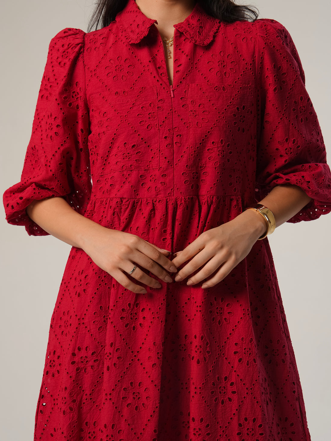 Lucille Red Embroidered Midi Shirt Dress 