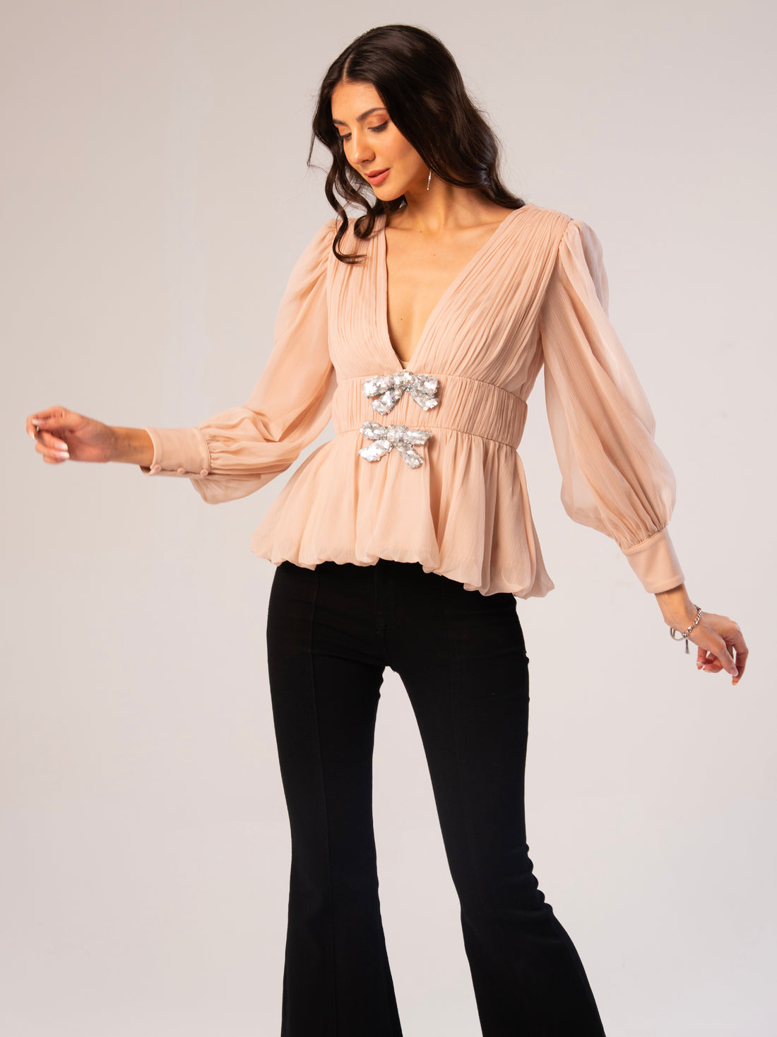 Anais Pink Long Sleeve Bow Blouse