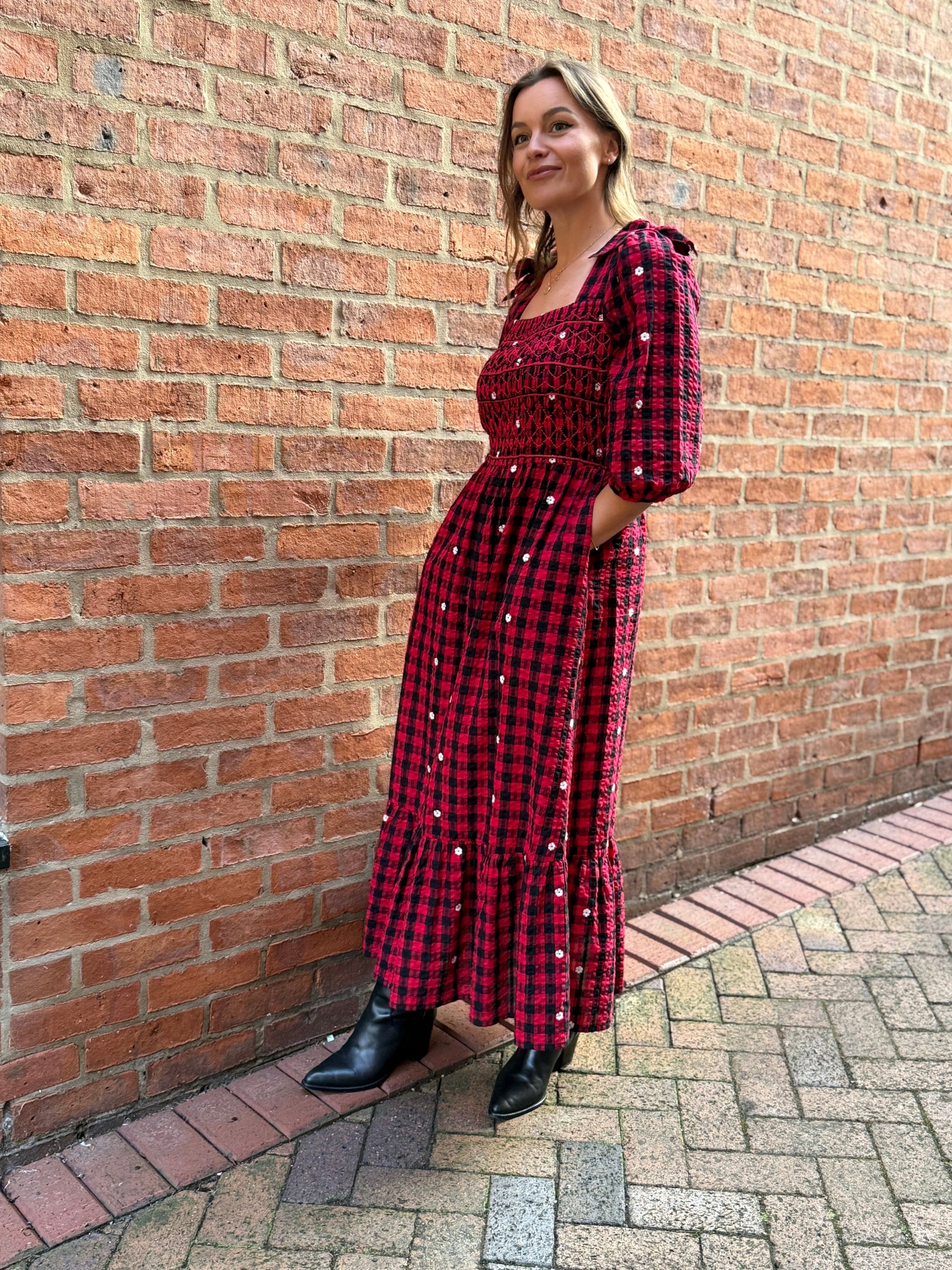 Steffi Red and Black Daisy Embroidered Check Maxi Dress
