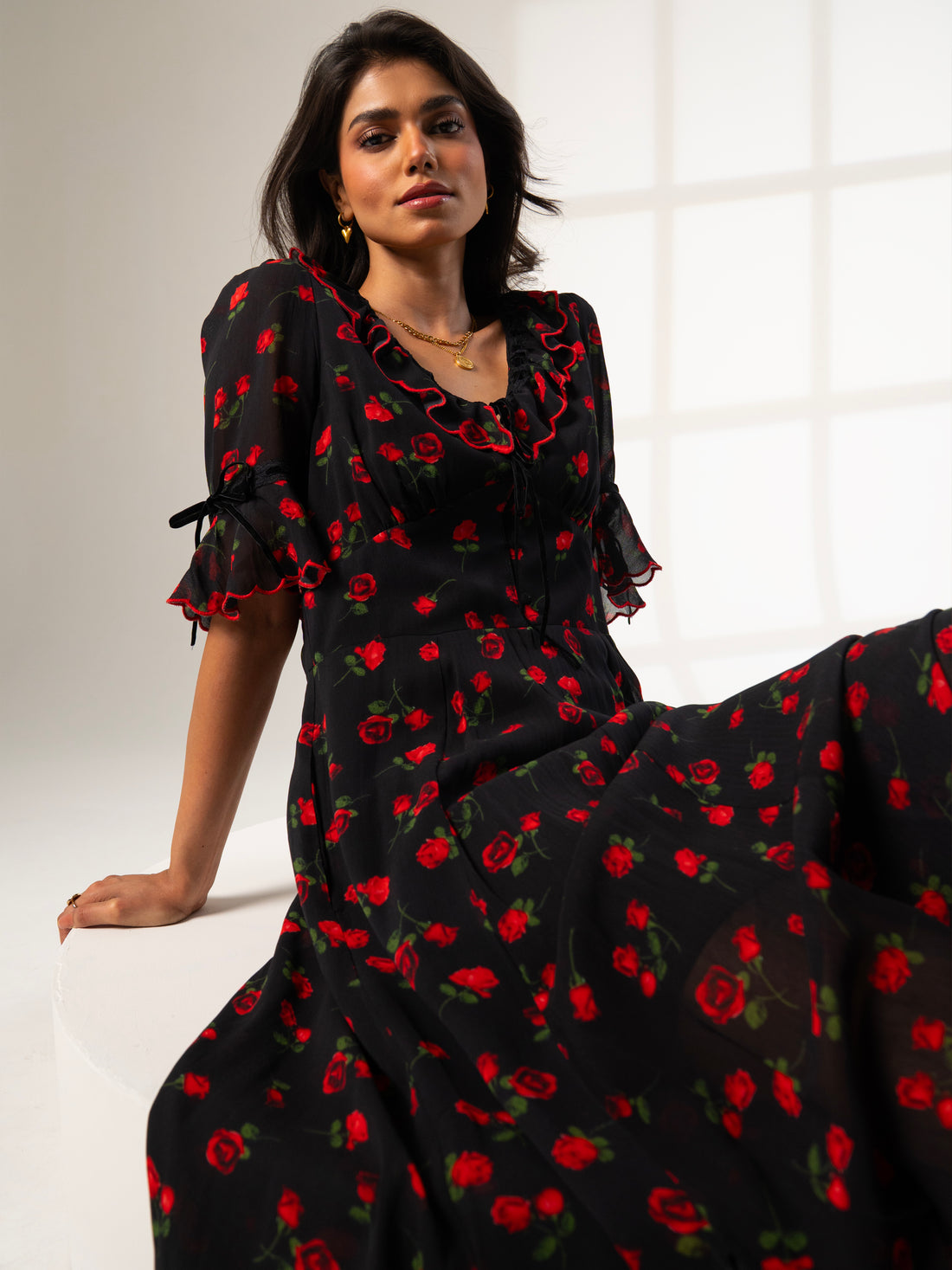 Toni Rose Print Velvet Tie Maxi Dress 