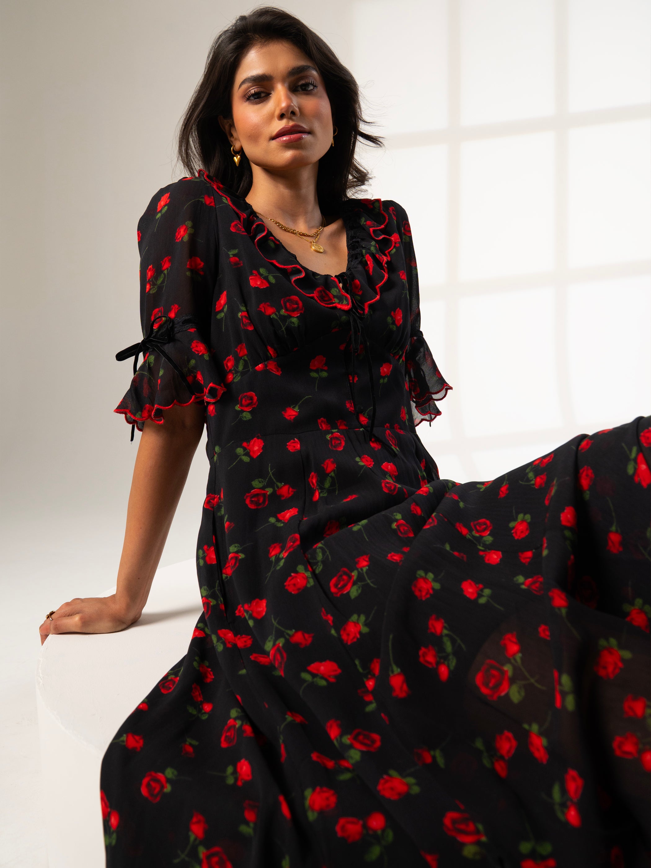 Toni Rose Print Velvet Tie Maxi Dress 