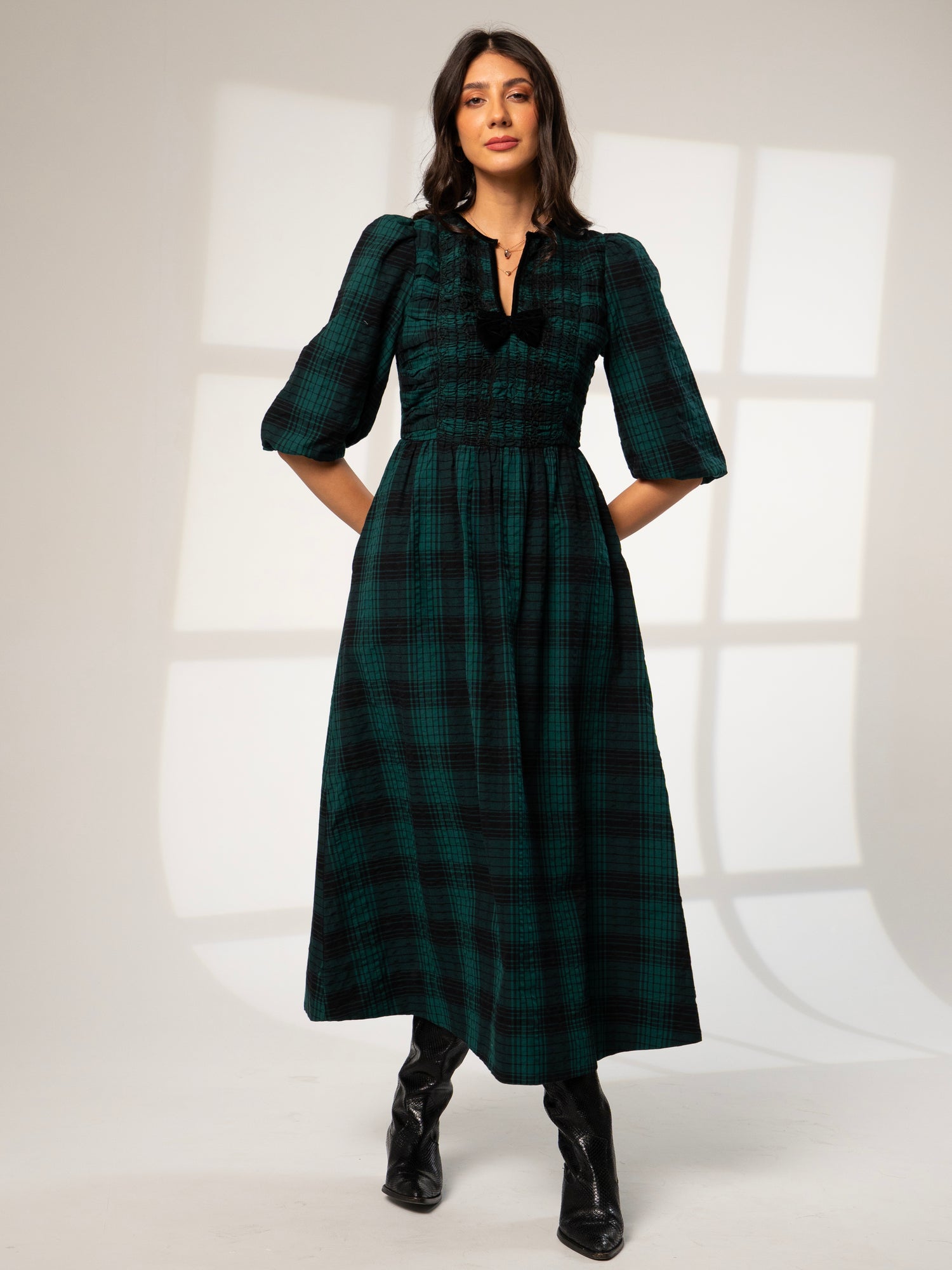 Iris Teal and Black Check Midi Dress