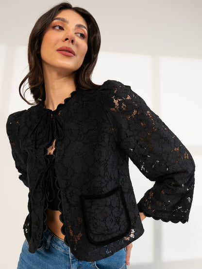 Lina Black Lace Velvet Trim Jacket